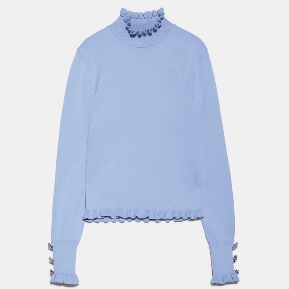 Zara High Collared Turtleneck Sweater Shirt Blue with Gem Buttons Long Sleeve